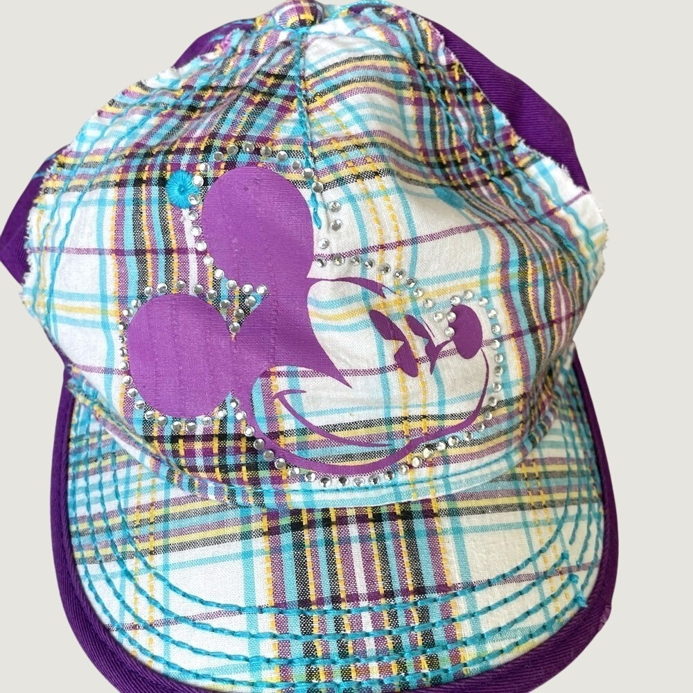 Disney Parks Mickey Mouse Plaid Rhinestone Baseball Hat Purple One Size J13357